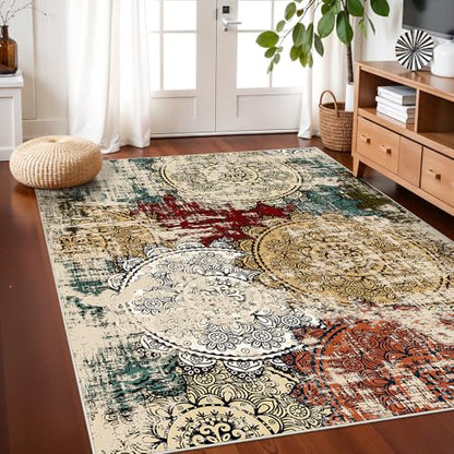 Washable 4x5 Area Rug Abstract: Red Soft Non-slip Mat Bathroom Households | Low Pile Mandala Floor Carpet Easy Cleaning Bedside Accent Small Entryway Foyer Kitchen Spot mat Apartment Condo Dwellers - color: Red/Green/Multi, size: 4' x 5' (Rectangular)