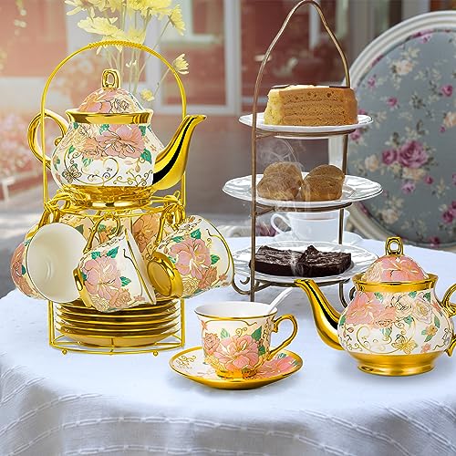 20 Pieces European Ceramic Tea Set for Adults With Metal Holder and Flower Painting (Large Cream Version) - color: Cream