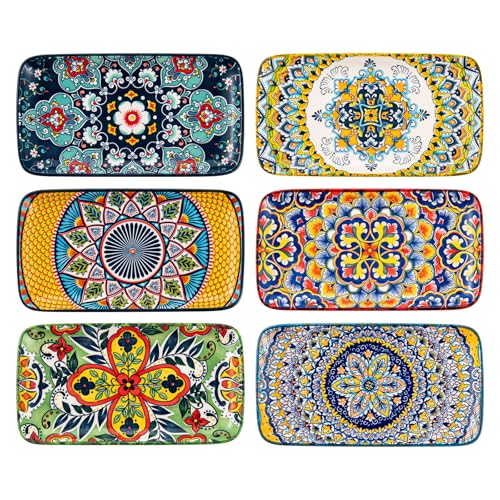 Boho Ceramic Rectangular Appetizer & Sushi Plates Set of 6, 8 Inch | Ideal for Desserts, Cake, Fruit, Snacks & Small Side Dishes, Microwave & Dishwasher Safe, Assorted Patterns - size: 8 Inch