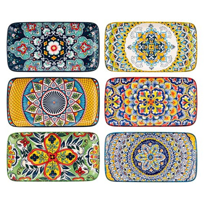 Boho Ceramic Rectangular Appetizer & Sushi Plates Set of 6, 8 Inch | Ideal for Desserts, Cake, Fruit, Snacks & Small Side Dishes, Microwave & Dishwasher Safe, Assorted Patterns - size: 8 Inch