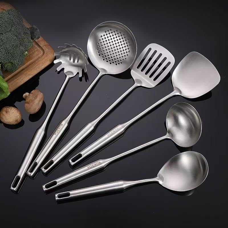 Premium 7-Piece Gold Kitchen Utensil Set with Stand, Stainless Steel Cooking Tools- Dishwasher Safe Ladle, Spoon, Spatula, Pasta Fork, Luxury Brass Kitchen Accessories for Home Chefs (silvery) - color: Silver