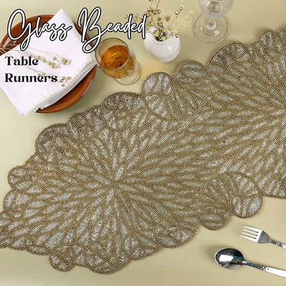 Gold Beaded Table Runner, Metallic, 13x36 | 85% glass beads, 15% polyester backing, handcrafted, shimmering metallic finish, weddings, Christmas, wipe-clean care - color: Silver Golden, size: 36"x13"