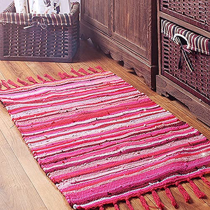 Poowe Cotton Handmade Reversible Chindi Rag Rugs,Multi Color Hand Woven Striped Area Bath Rug Mat Carpet with Tassels Machine Washable,for Laundry Room Kitchen Livingroom Hallway Entryway 20" x 31.5" - color: Hot Pink