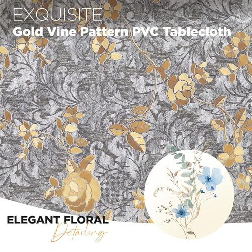 Rectangle PVC Table Cloth Elegant Gold Vine Flower Waterproof Oil-Proof Heavy Duty Vinyl Fitted Tablecloths Wipeable Washable Stain-Resistant Table Cover Dining Christmas Party (Lake Blue,54" X 78") - color: Lake Blue
