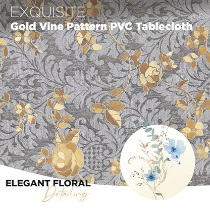 Rectangle PVC Table Cloth Elegant Gold Vine Flower Waterproof Oil-Proof Heavy Duty Vinyl Fitted Tablecloths Wipeable Washable Stain-Resistant Table Cover Dining Christmas Party (Lake Blue,54" X 78") - color: Lake Blue