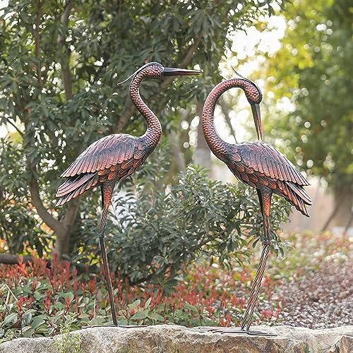 Kircust Crane Garden Sculptures & Statues Heron Decoy Large Size Metal Birds Yard Art Standing Vintage Brass Heron Lawn Ornament Outdoor Decorations 37 Inches Set of 2 - color: Brown3