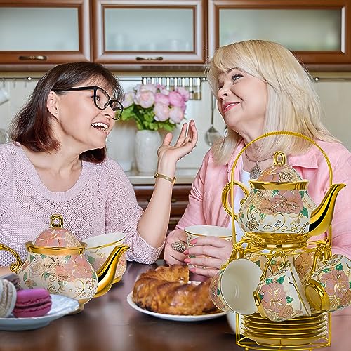 20 Pieces European Ceramic Tea Set for Adults With Metal Holder and Flower Painting (Large Cream Version) - color: Cream
