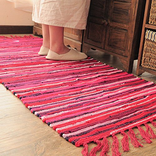 Poowe Cotton Handmade Reversible Chindi Rag Rugs,Multi Color Hand Woven Striped Area Bath Rug Mat Carpet with Tassels Machine Washable,for Laundry Room Kitchen Livingroom Hallway Entryway 20" x 31.5" - color: Hot Pink