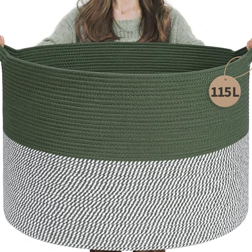 INDRESSME 115L Extra Large Woven Rope Blanket Basket Living Room Green | 23.6" x 15.7" Storage baskets for toys laundry & pillows. Fits living room, bedroom or nursery décor. Soft-touch with handles - color: Green & White, size: 23.6"D x 15.7"H