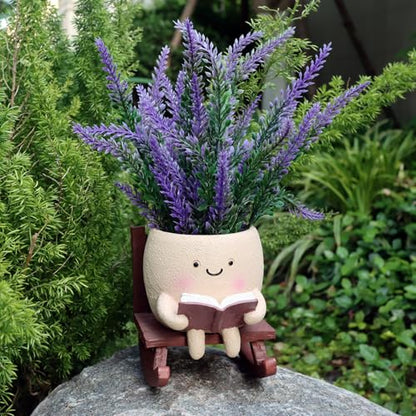 Dolkgy Cute Face Planters Succulent Pots, Funny Rocking Chair Reading Head Flower Planter Cactus Pot with Drainage Hole for Indoor Outdoor Plants, Unique Plant Lover Gifts - color: Khaki Chair Planter
