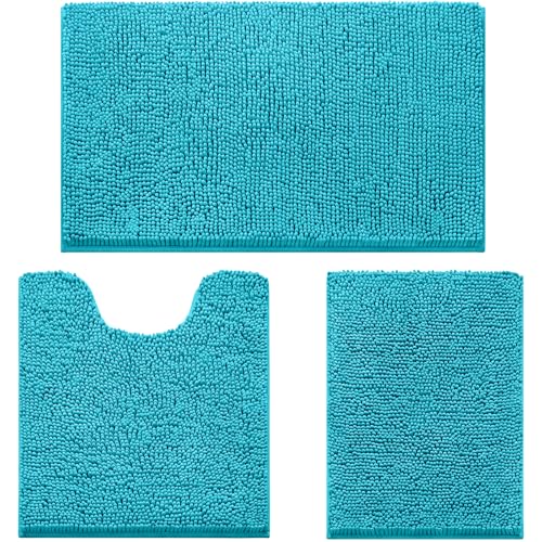 HOMEIDEAS 3 Pieces Bathroom Rugs, Extra Large Ultra Soft Non Slip Absorbent Chenille Toilet Bath Mat Set (Teal Blue) - color: Teal Blue, size: 17"x24"+20"x32"+U Shape 20"x24"