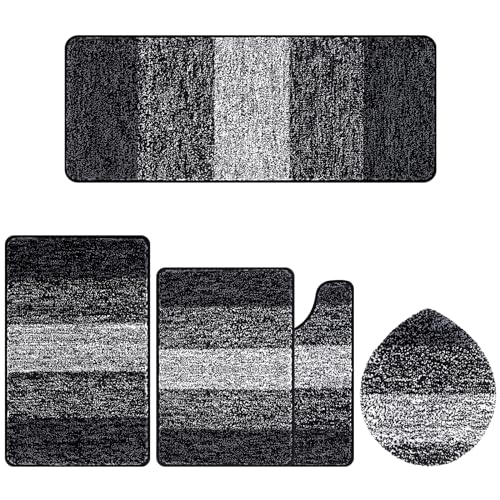 Bsmathom Bathroom Rug Set 5 Piece, Plush Microfiber Bath Mat, Black | Extra Water Absorbent, Non Slip Washable Runner Bath Rugs with Toilet Lid Cover and U-shaped Contour Toilet Mat - color: Black, size: 18"x26"+20"x31"+20"x48"+U20"x24"+Cover19"x21"