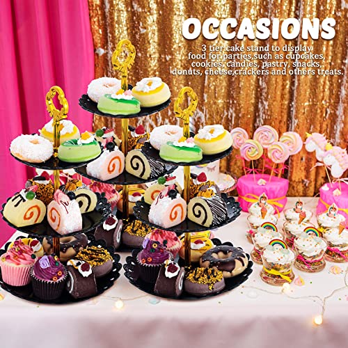 Honeydak 3 Sets of 3 Tier Serving Tray 3 Tiered Dessert Stand Wedding Cupcake Stand PP Plastic Cupcake Holder Dessert Tray Cake Fruit Candy Table Display Set for Birthday(Black) - color: Black