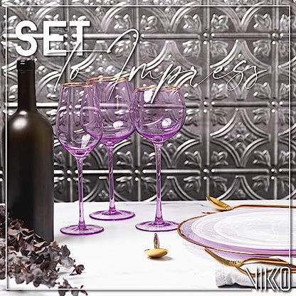Vikko Lilac Wine Glasses, 17 Oz, Set of 4 Stemmed Glasses with Gold Rim, Perfect for Red & White Wine