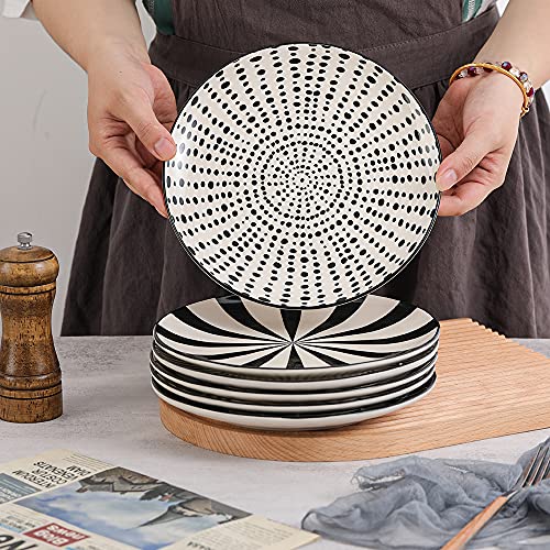 Ceramic Dessert Plates 8 Inch - Salad Appetizer Plate Set of 6 - Modern Japanese Style - Dishwasher and Microwave Safe - Black and White - size: 8 inch