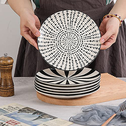 Ceramic Dessert Plates 8 Inch - Salad Appetizer Plate Set of 6 - Modern Japanese Style - Dishwasher and Microwave Safe - Black and White - size: 8 inch