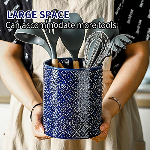 KOOV Kitchen Utensil Holder, Large Utensil Holders for Countertop, 6 x 7 Inches Ceramic Utensil Crock, Deep and Stable, Cooking Utensil Holder, Embossed Pattern (BLue) - color: BLue
