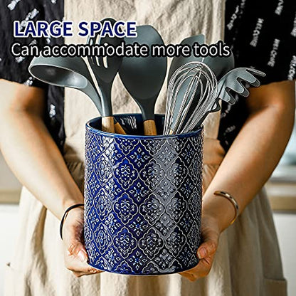 KOOV Kitchen Utensil Holder, Large Utensil Holders for Countertop, 6 x 7 Inches Ceramic Utensil Crock, Deep and Stable, Cooking Utensil Holder, Embossed Pattern (BLue) - color: BLue