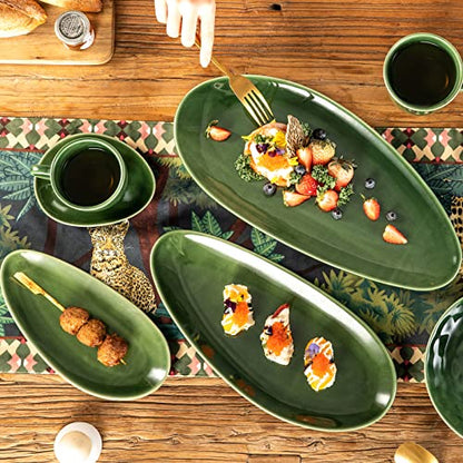 vicrays Large Oval Serving Platters, 16"/14"/10" Porcelain Serving Platters for Party, BBQ,Stackable Serving Trays Serving Plates for Appetizers, Sushi, Restaurant, Set of 3 (Green) - color: Green