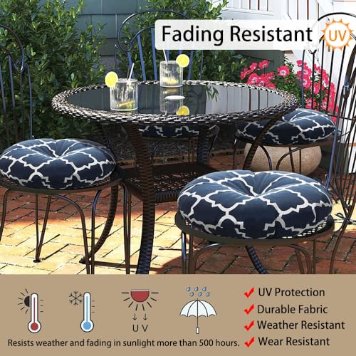 Magpie Fabrics Outdoor Round Bistro Seat Cushions with Ties, 15"x15"x4" Set of 2, Tufted Waterproof Barstool Chair Pads for Patio Home Garden Office, Geomentry Navy - color: Geomentry Navy