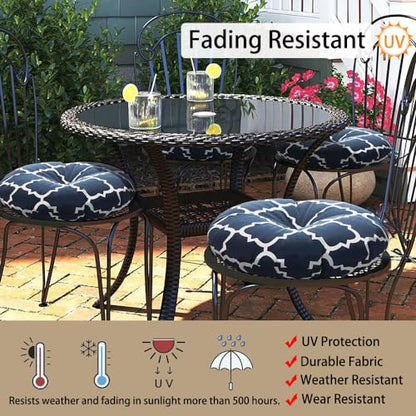 Magpie Fabrics Outdoor Round Bistro Seat Cushions with Ties, 15"x15"x4" Set of 2, Tufted Waterproof Barstool Chair Pads for Patio Home Garden Office, Geomentry Navy - color: Geomentry Navy