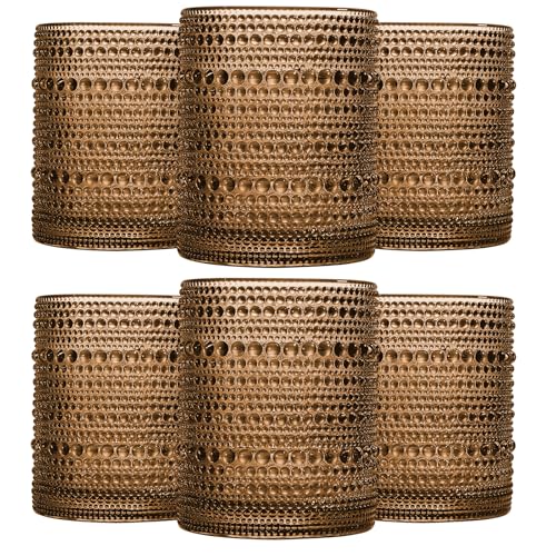 JOVGANK Brown Vintage Hobnail Drinking Glasses Set of 6, Embossed Water Tumbler 12oz, Kitchen & Bar Beaded Glass Cups, Beverage Glass Cups for Water, Beer, Juice, Housewarming and Mother's Day Gift - color: Brown, size: 12 oz
