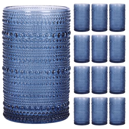 Moretoes12 Pack 12 Oz Blue Hobnail Drinking Glasses Set,Water Glass Cups | Highball Glasses Embossed Boho Kitchen Bar Tumbler Glassware Set for Whiskey, Beer, Juice, Milk and Various Mixed Drinks - color: Blue, size: 12pcs