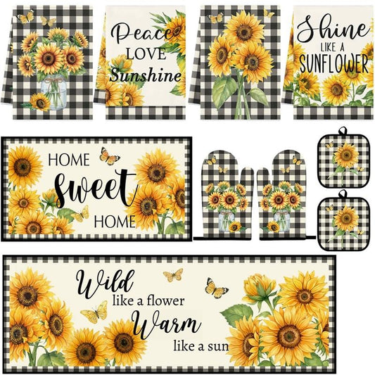 10 Pcs Kitchen Decor and Accessories Set, Sunflower Farmhouse | Farmhouse Buffalo 4 Dish Towels Kitchen Rugs 2 Oven Mitts 2 Pot Holders, Home Decor for Cooking Baking BBQ Housewarming - color: Sunflower Plaid
