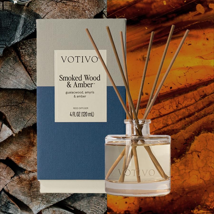 Votivo Smoked Wood & Amber Signature Reed Diffuser | Woody Scented Home Fragrance Diffuser with Sticks, Reed Oil and Glass Bottle | Decorative Air Freshener for Home Decor | 4 oz