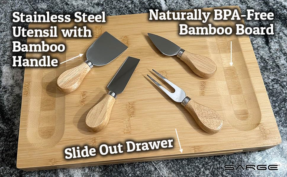 Sarge Artisan Bamboo Cheese Board Set, 4-Piece, Charcuterie Serving Tray | bamboo, stainless steel knives, hidden drawer, charcuterie, cheese, entertaining, parties, housewarming gift, SK-180