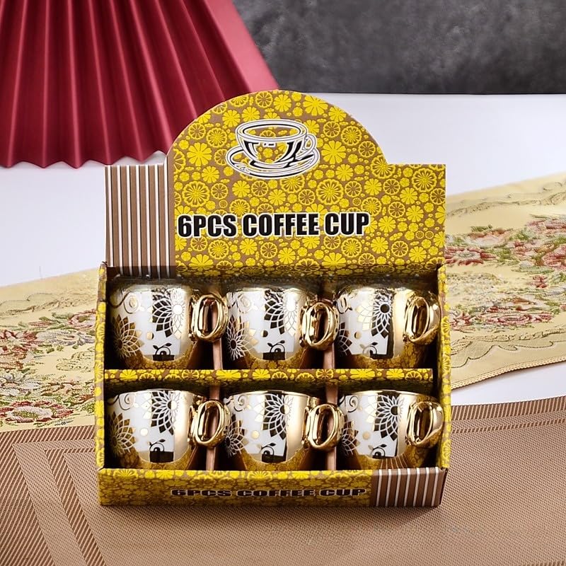 Luxury Ceramic Tea Cup and Saucer Set, 6 Pieces, Gold Plated with Floral Design, Gift Box (Gold plated 6 cups 48 sets/case, 2.2 * 2.56in) - color: Gold plated 6 cups 12 sets/case