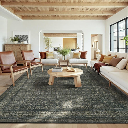 10x14 Washable Area Rug for Living Room, Extra Large,Vintage Boho | Machine Washable,Soft,Non-Slip,Large Rug,Stain Resistant Low Pile Carpet for Office Dining Room Kitchen Home Deco - color: Moss/Brown, size: 10' x 14' (Rectangular)