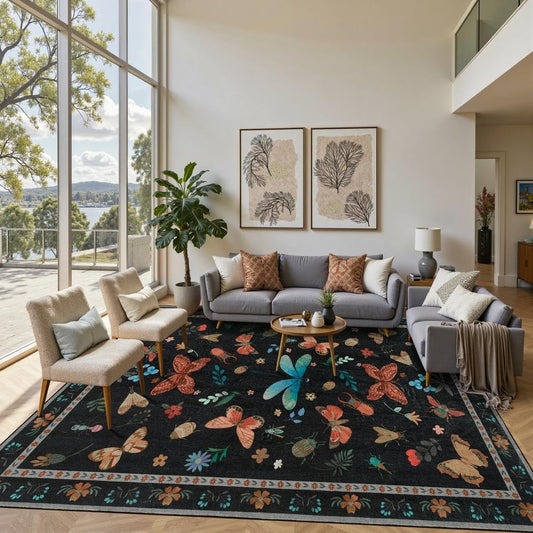 8x10 Black Boho Floral Insect Area Rug for Living Bedroom Dining | Soft,Machine Washable & Non Slip,Low Pile,Ideal for Girls Room, Nursery,Kids Room - color: Black, size: 8' x 10' (Rectangular)