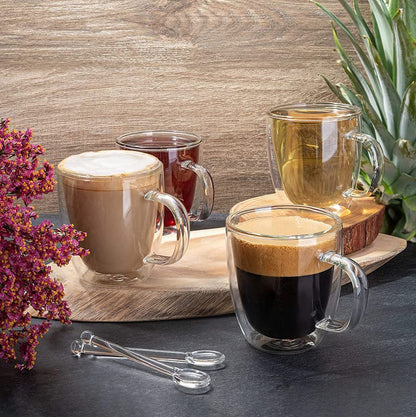 Moss & Stone Set of 4 Double Wall Glass Cup Clear Mug, Double Walled Coffee Mugs 7.4 Oz, Glass Tea Mugs, Insulated Coffee Mug With Handle & 2 Glass Spoons, Cappuccino Cups Set - style: 4 Cups with 2 Spoons