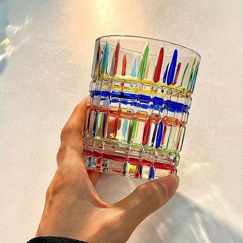 Set of 6 or 5 Hand-painted Colorful Glass Tumblers, Drinking Glassware, Cocktail Glasses for Iced Coffee Juice Tea Beverage Milk Wine With Artistic Design - color: Vertical-Stripes Set of 5