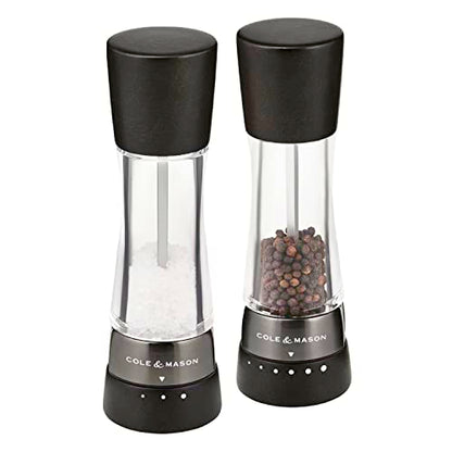 Cole & Mason H332293 Derwent Black Wood Salt and Pepper Mills, Gourmet Precision+, Adjustable Grind, Stained Beech/Acrylic, 190 mm, Gift Set, Includes 1 Salt and 1 Pepper Grinders - color: Black Wood