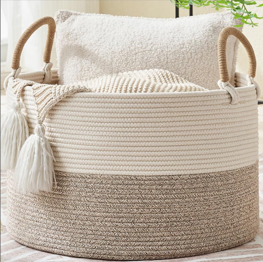 KAKAMAY Large Blanket Basket with Handles, Storage Basket for Living Room | Extra Large Capacity | Natural Cotton Rope | Blanket Storage | Woven Storage Basket | Stuffed Animal Storage | Laundry Basket - color: Beige Mix