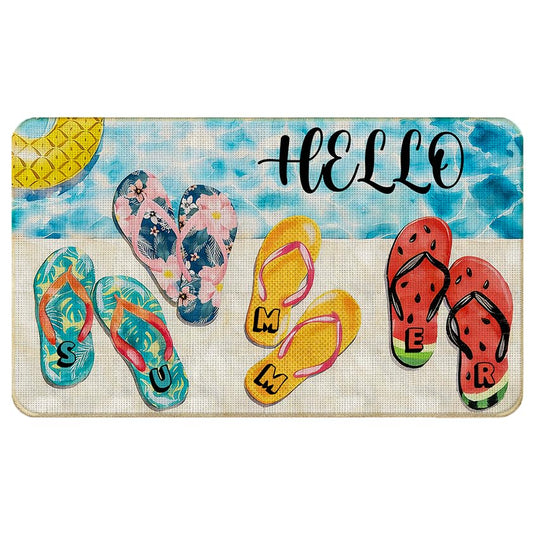 Chicimln Hello Summer Coastal Beach Welcome Door Mat Small Rug for Front Door Entryway, Summer Flip Flops Ocean Non-Slip Linen Doormat Outdoor Indoor Entrance Porch, 17x30 Inch - color: Hello Summer