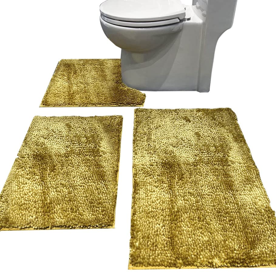 Madeals Chenille Bath Rug Set 3 Piece Bathroom Contour Rugs Combo, Soft Shaggy 2 Piece Bath Shower Mat and U-Shaped Toilet Floor Rug Golden - color: Golden, size: 20"x 32"/16"x 24"/Contour/