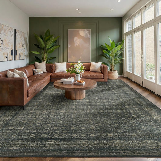 9x12 Extra Large Area Rug,Neutral Vintage Boho Rug for Living Room | Machine Washable,Soft,Non-Slip,Large Rug,Stain Resistant Low Pile Carpet for Office Dining Room Kitchen Home Deco - color: Moss/Brown, size: 9' x 12' (Rectangular)
