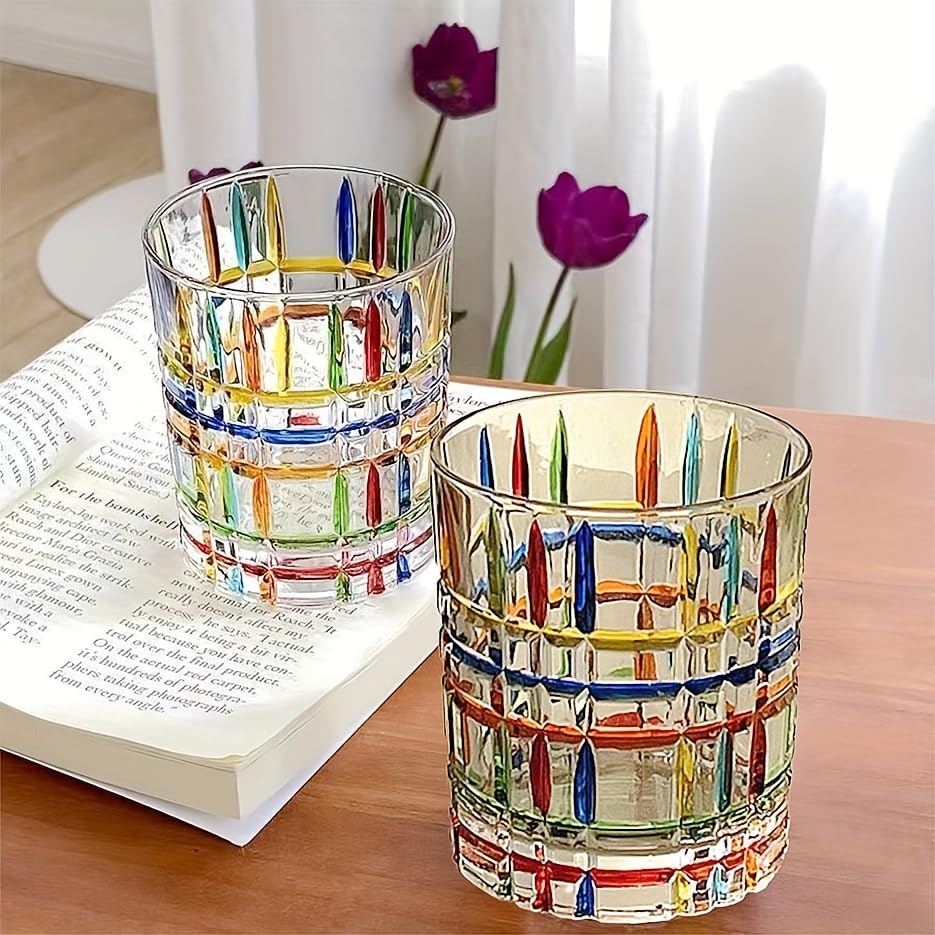 Set of 6 or 5 Hand-painted Colorful Glass Tumblers, Drinking Glassware, Cocktail Glasses for Iced Coffee Juice Tea Beverage Milk Wine With Artistic Design - color: Vertical-Stripes Set of 5