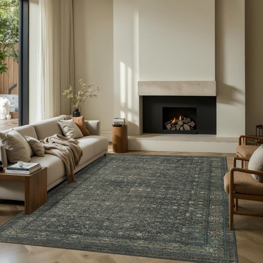 5X7 Washable Area Rug for Living Room, Bedroom(Moss Brown) | Soft, Non Slip, Vintage Boho Rugs for Office, Dining, Kids Room, Farmhouse, Durable Low Pile Carpet for High Traffic Areas - color: Moss/Brown, size: 5' x 7' (Rectangular)