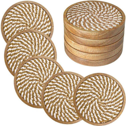 Eykao 5 Pack Coasters for Drinks Absorbent, 4.3 inches Woven Coasters for Coffee Tables, Wooden Drink Coasters for Table Protection, Reusable Drink Coasters for Kitchen, Farmhouse, Bar, Office, Brown - color: #1 Borwn & White, size: 5 Pack