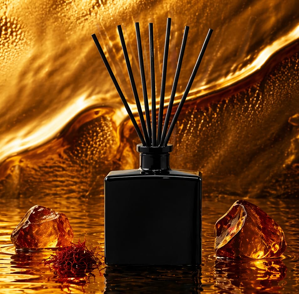 Reed Diffuser Set, Rouge 54 - Bathroom Shelf Décor | Saffron, Jasmine, Amber and Woods, 5 Ounce Sleek Modern Black Rectangular Glass Bottle, Made in the USA - color: Rouge '54
