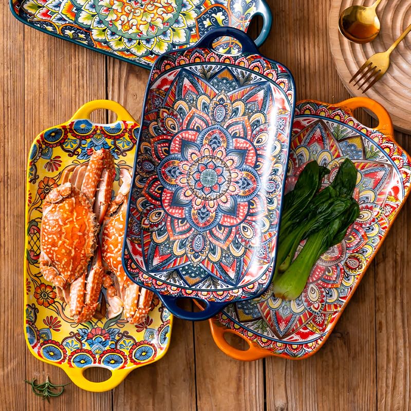 Serving Tray with Handles Rectangular Serving Platter Ceramic Extra Large Plates & Dishes Rectangle (Blue Garden) - color: Blue Garden