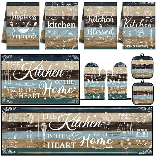 10 Pcs Kitchen Decor and Accessories Set, Farmhouse Teal | Vintage Wood Green 4 Dish Towels Kitchen Rugs 2 Oven Mitts 2 Pot Holders, Home Decor for Cooking Baking BBQ Housewarming - color: Colorful Wooden Boards