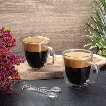 Moss & Stone Set of 4 Double Wall Glass Cup Clear Mug, Double Walled Coffee Mugs 7.4 Oz, Glass Tea Mugs, Insulated Coffee Mug With Handle & 2 Glass Spoons, Cappuccino Cups Set - style: 4 Cups with 2 Spoons