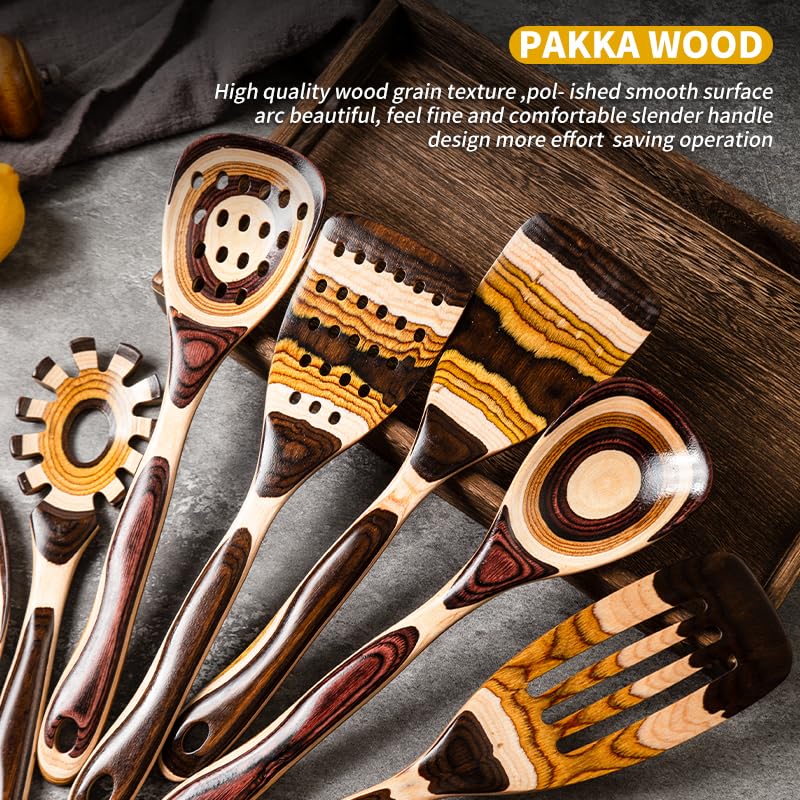 Gudamaye 7-Piece Brown Pakkawood Utensils Set – Sturdy, Eco-Friendly, Wooden Spoons for cooking, Wooden Utensil for cooking, Wooden Kitchen Tool, Home & Kitchen Gifts for Men and Women - style: Pakkawood 7 PCS Brown