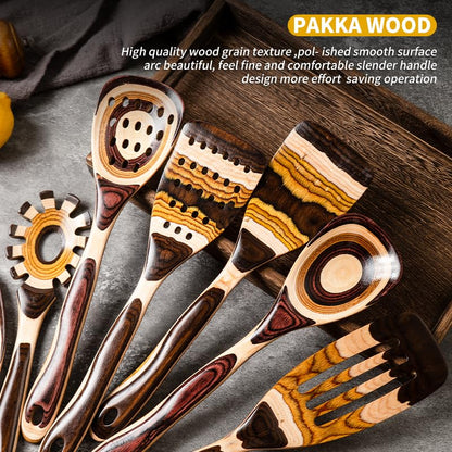 Gudamaye 7-Piece Brown Pakkawood Utensils Set – Sturdy, Eco-Friendly, Wooden Spoons for cooking, Wooden Utensil for cooking, Wooden Kitchen Tool, Home & Kitchen Gifts for Men and Women - style: Pakkawood 7 PCS Brown
