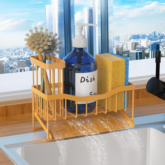 Fssvcd Maifan Sink Caddy Sponge Holder for Kitchen with Brush Holder and Stainless Steel Self Drain Tray, Rustproof Kitchen Sink Organizer for Sponge, Soap Dispenser Storage Accessories - color: Dark Gold Yellow